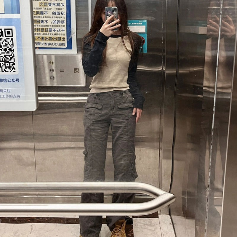 CGD008333-6B  美式復古插肩長袖T恤春秋季內搭打底衫
