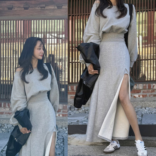 CGB9312-32B 秋冬時尚個性露肩短款衛衣+設計側邊開叉半身裙套裝