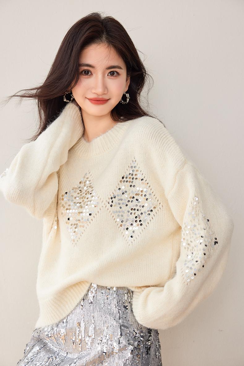 CGD5246-89B 菱格重工亮片針織衫秋冬慵懶風毛衣寬鬆長袖上衣