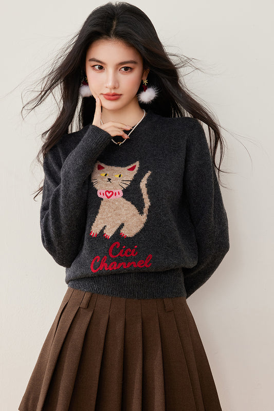 📺︎︎ CGDC3745-89B 冬季新款復古原創猫咪刺繡毛衣圓領套頭針織衫