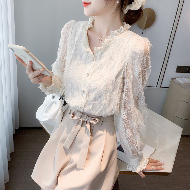 CGD6160-4B 春裝蕾絲長袖雪紡上衣V領氣質襯衫