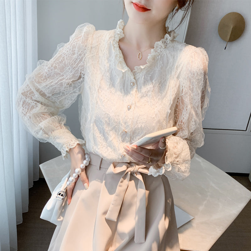 CGD6160-4B 春裝蕾絲長袖雪紡上衣V領氣質襯衫
