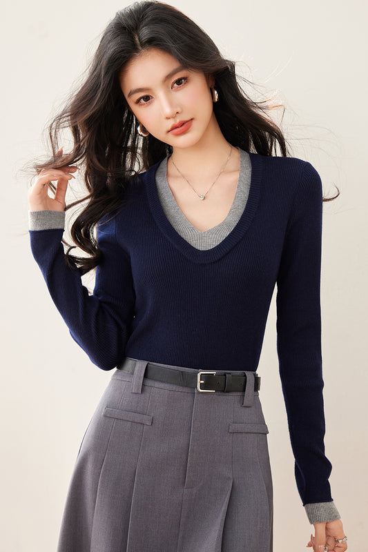 CGD3780-89B 春季撞色假兩件多色針織衫