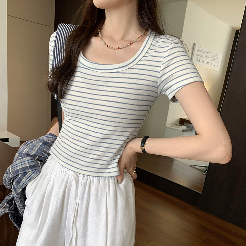 CGE250066-45B 小香風短款正肩條紋短袖T恤(3色)