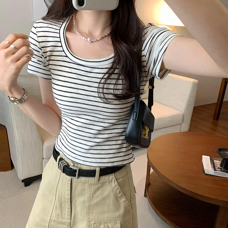 CGE250066-45B 小香風短款正肩條紋短袖T恤(3色)