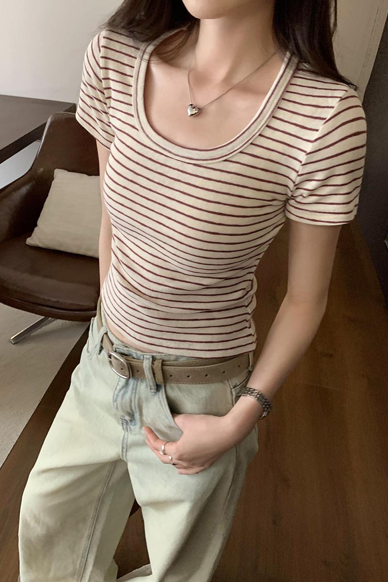 CGE250066-45B 小香風短款正肩條紋短袖T恤(3色)