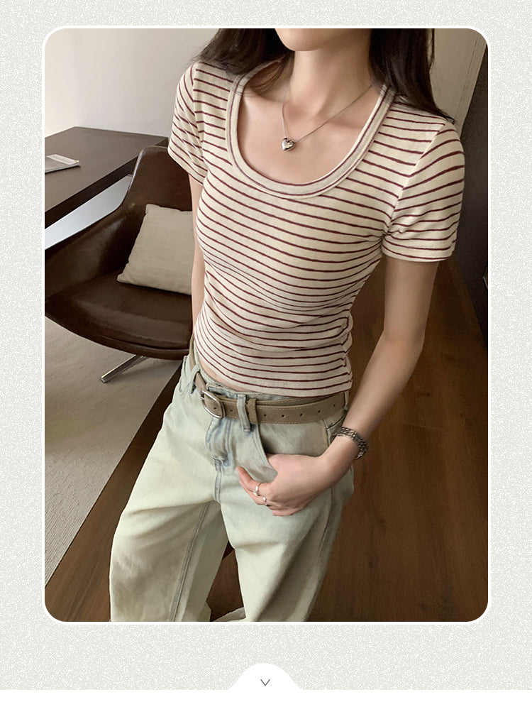 CGE250066-45B 小香風短款正肩條紋短袖T恤(3色)