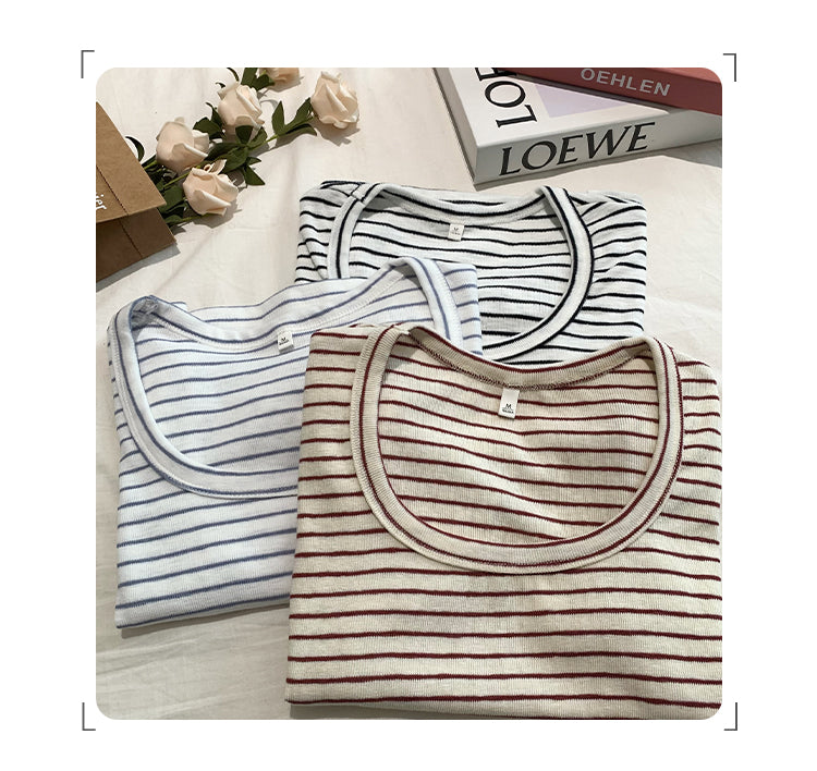 CGE250066-45B 小香風短款正肩條紋短袖T恤(3色)