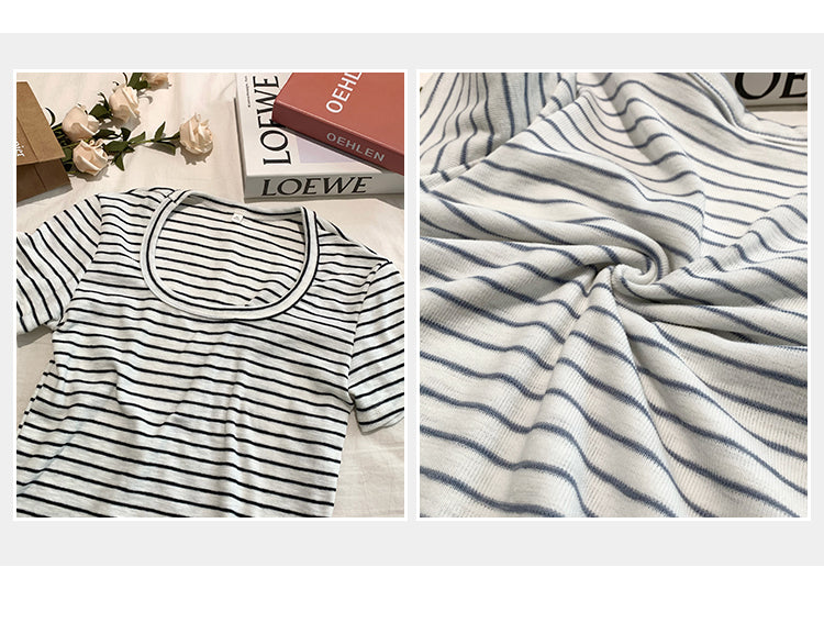 CGE250066-45B 小香風短款正肩條紋短袖T恤(3色)