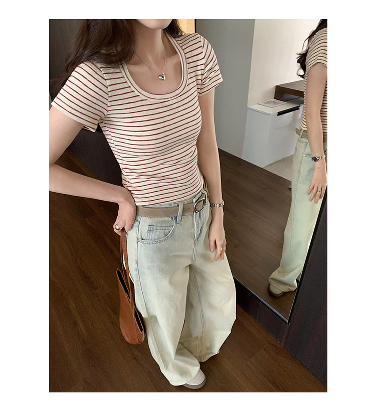 CGE250066-45B 小香風短款正肩條紋短袖T恤(3色)