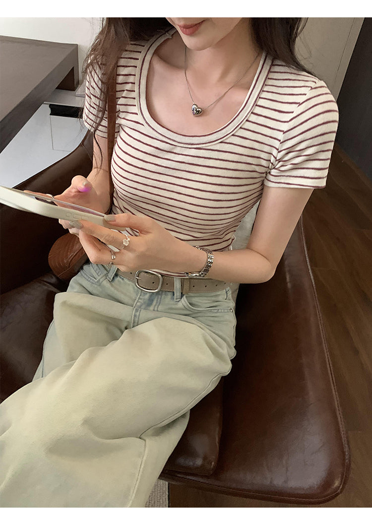 CGE250066-45B 小香風短款正肩條紋短袖T恤(3色)