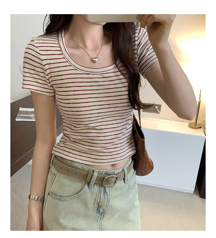 CGE250066-45B 小香風短款正肩條紋短袖T恤(3色)