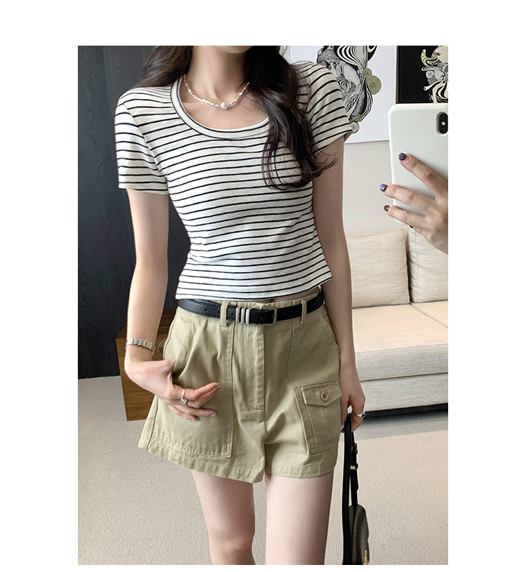 CGE250066-45B 小香風短款正肩條紋短袖T恤(3色)