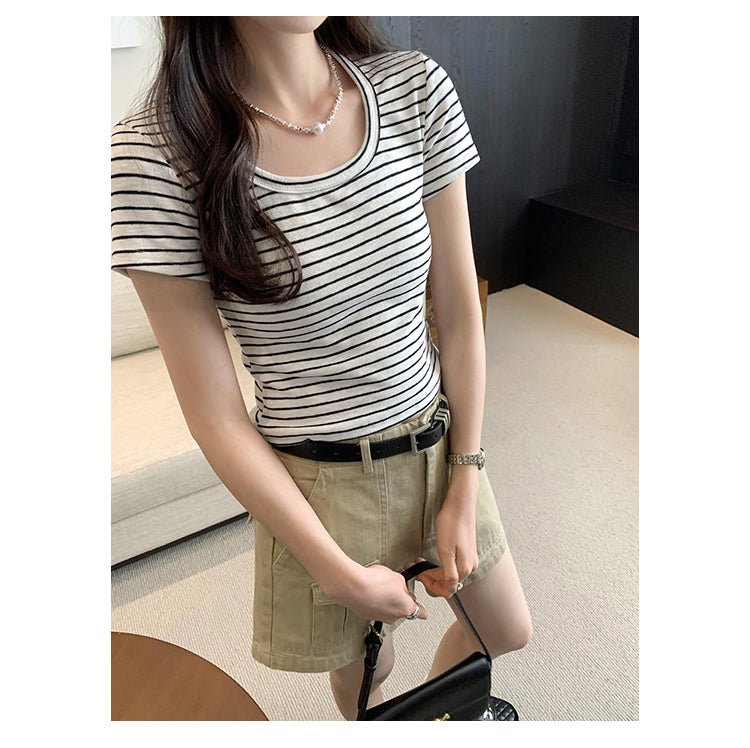 CGE250066-45B 小香風短款正肩條紋短袖T恤(3色)