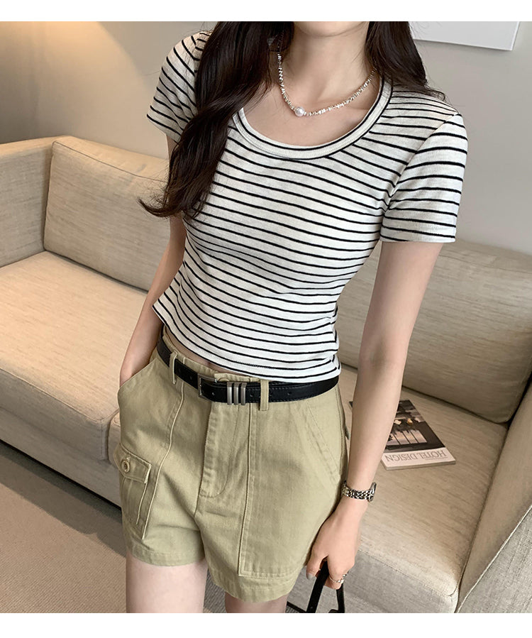 CGE250066-45B 小香風短款正肩條紋短袖T恤(3色)