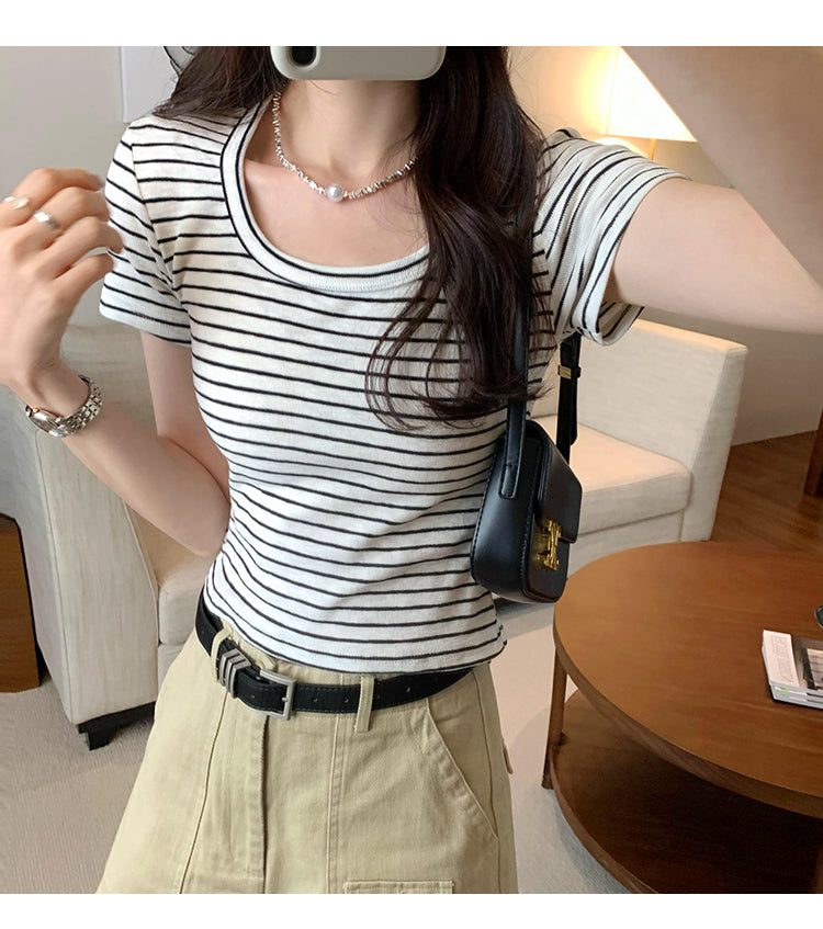 CGE250066-45B 小香風短款正肩條紋短袖T恤(3色)
