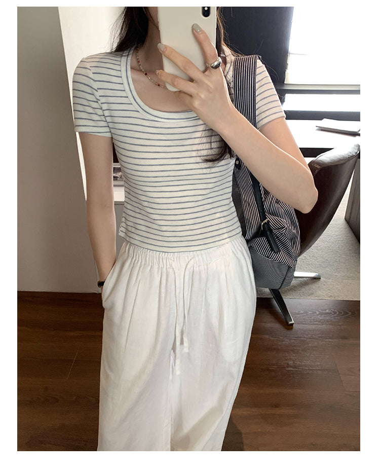 CGE250066-45B 小香風短款正肩條紋短袖T恤(3色)