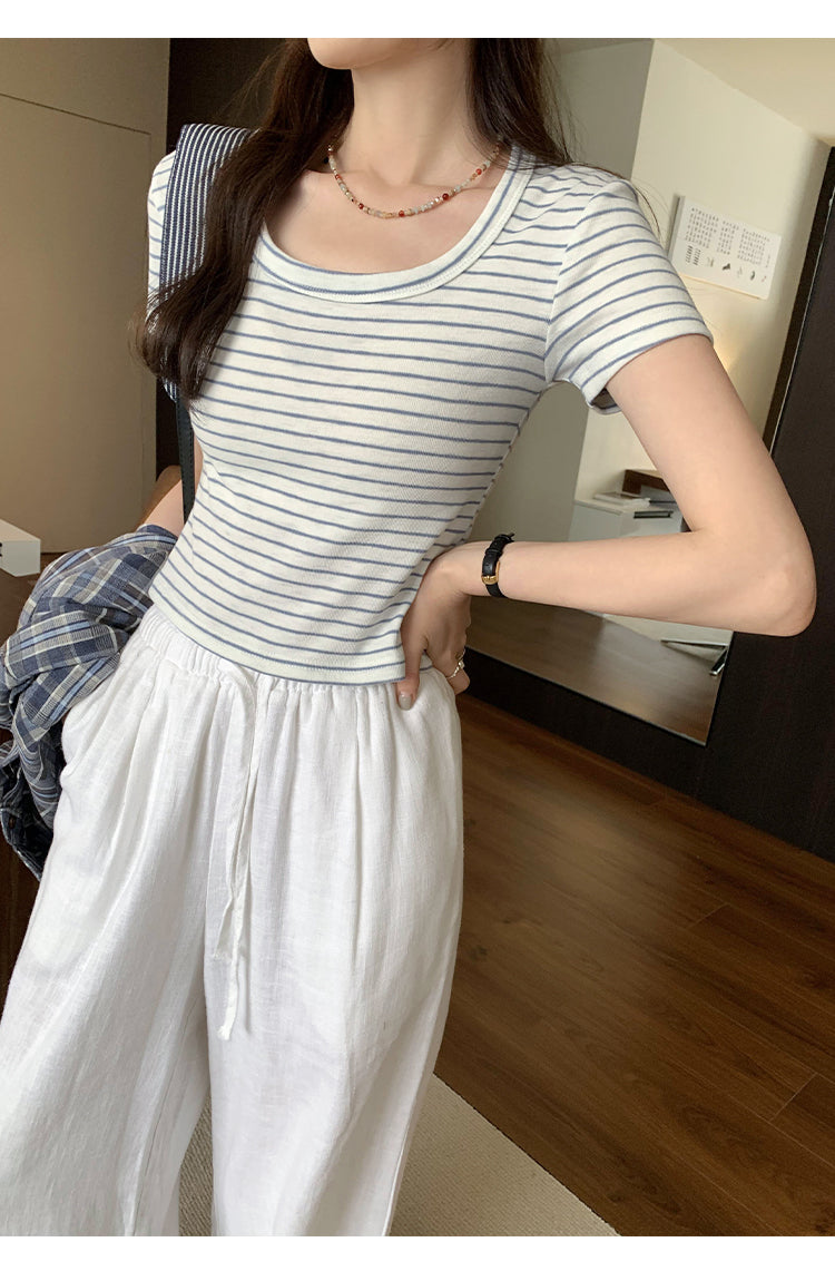 CGE250066-45B 小香風短款正肩條紋短袖T恤(3色)