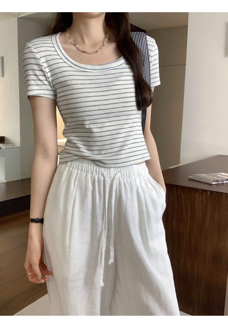 CGE250066-45B 小香風短款正肩條紋短袖T恤(3色)