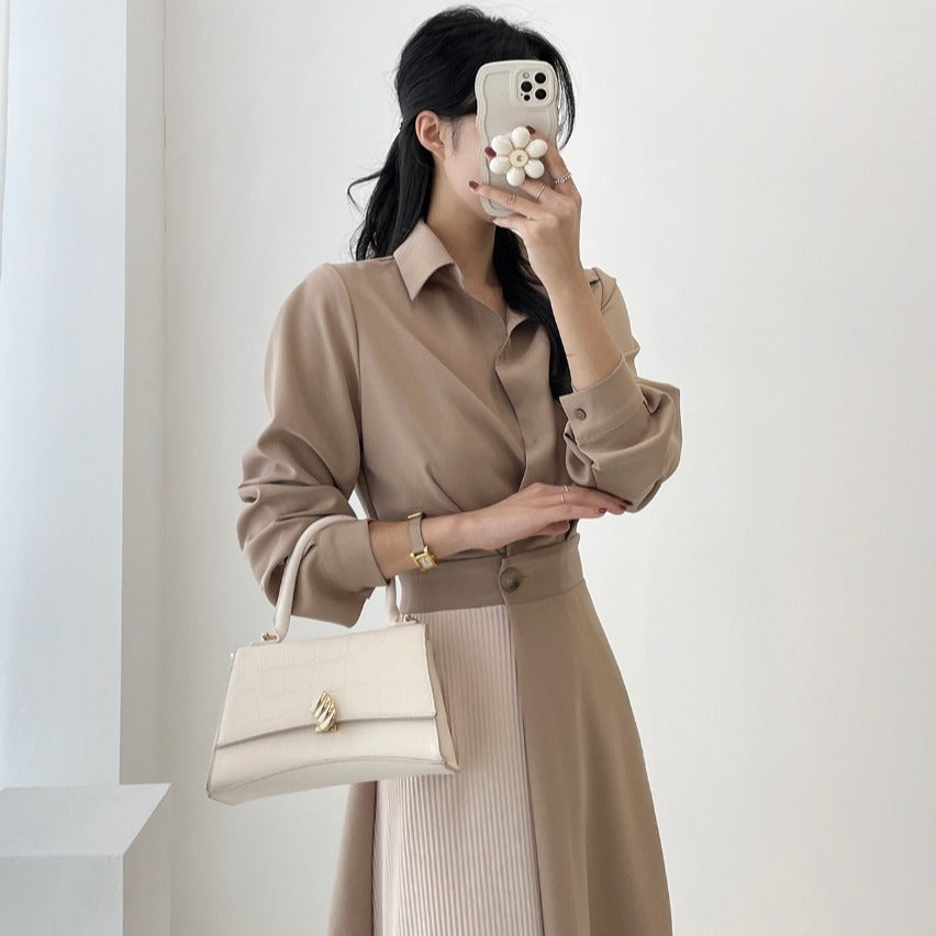 CGB7735-85B 秋季拼色收腰顯瘦襯衫連衣裙(3色)