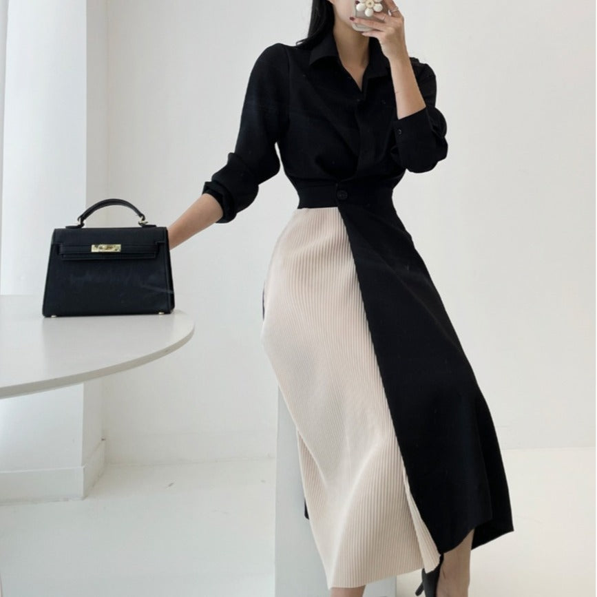 CGB7735-85B 秋季拼色收腰顯瘦襯衫連衣裙(3色)