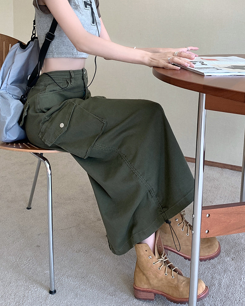 📺︎︎ CGS2988-80B  復古工裝牛仔半身裙女設計感抽繩高腰中長款直筒A字裙(2色)