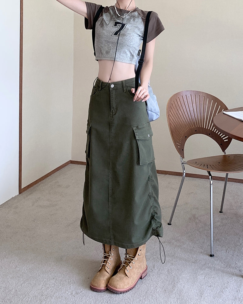 📺︎︎ CGS2988-80B  復古工裝牛仔半身裙女設計感抽繩高腰中長款直筒A字裙(2色)