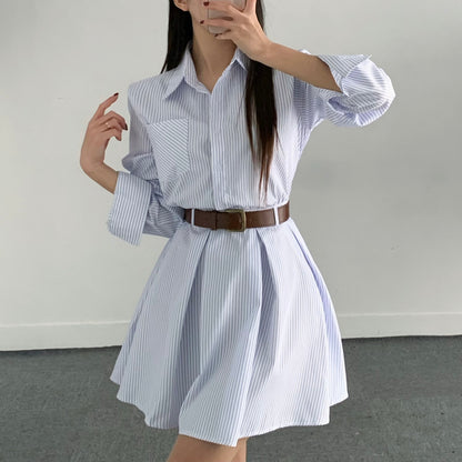 CGB5019-75B 韓國chic法式經典條紋百褶襯衣連衣裙(3色)