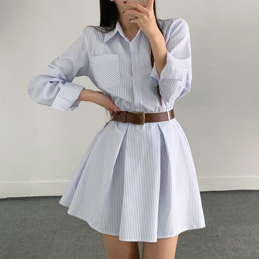 CGB5019-75B 韓國chic法式經典條紋百褶襯衣連衣裙(3色)