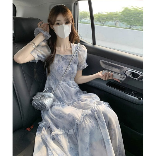 CGB001-36H 茶歇法式桔梗長裙夏季收腰方領碎花連衣裙