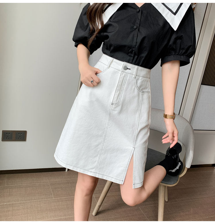 CGS9763-82B 洗水開叉半身裙夏季撞色A字牛仔短裙(2色)