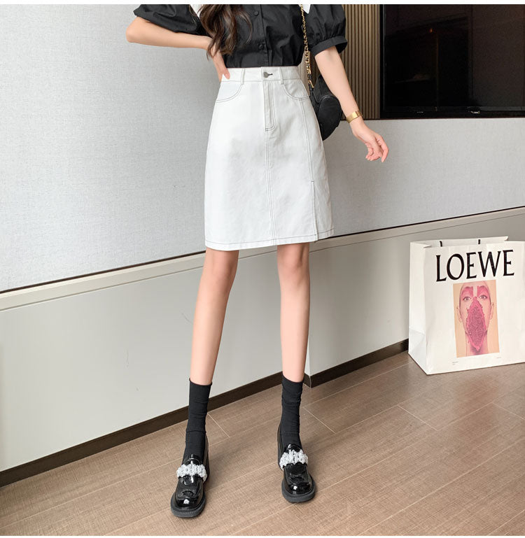 CGS9763-82B 洗水開叉半身裙夏季撞色A字牛仔短裙(2色)