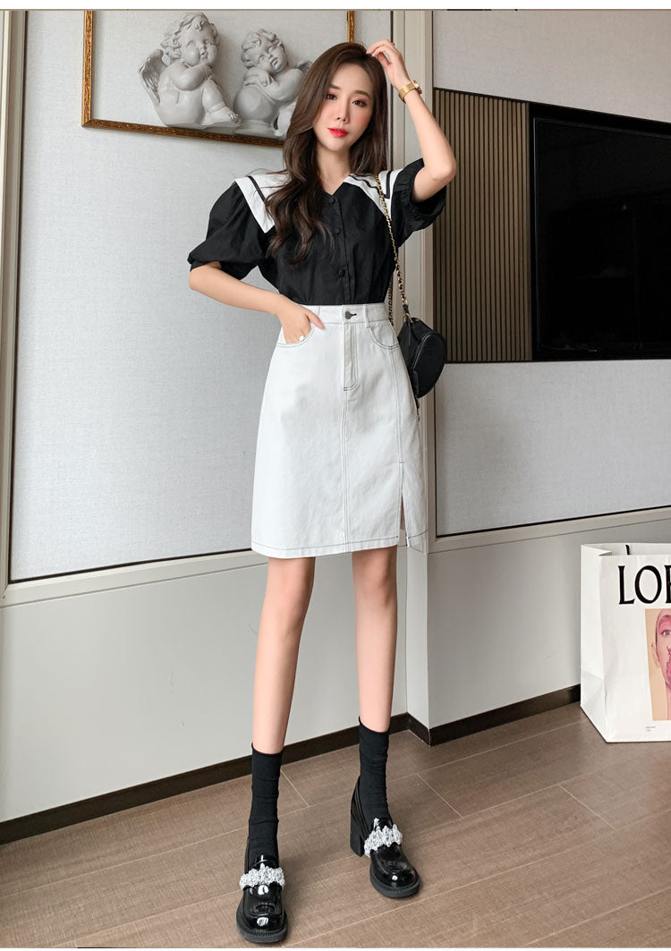 CGS9763-82B 洗水開叉半身裙夏季撞色A字牛仔短裙(2色)