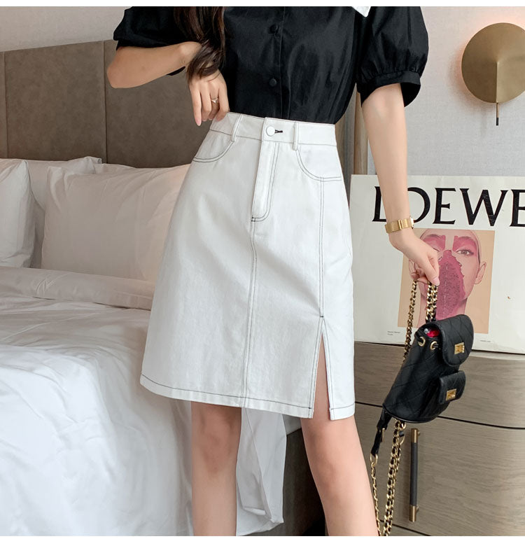 CGS9763-82B 洗水開叉半身裙夏季撞色A字牛仔短裙(2色)