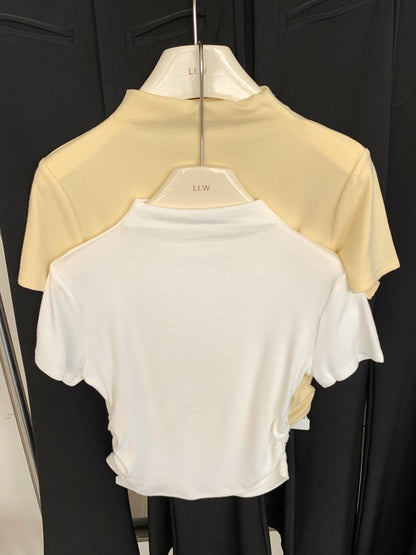 CGE5322-80B 褶皺收腰半高領短袖正肩T恤(9色)