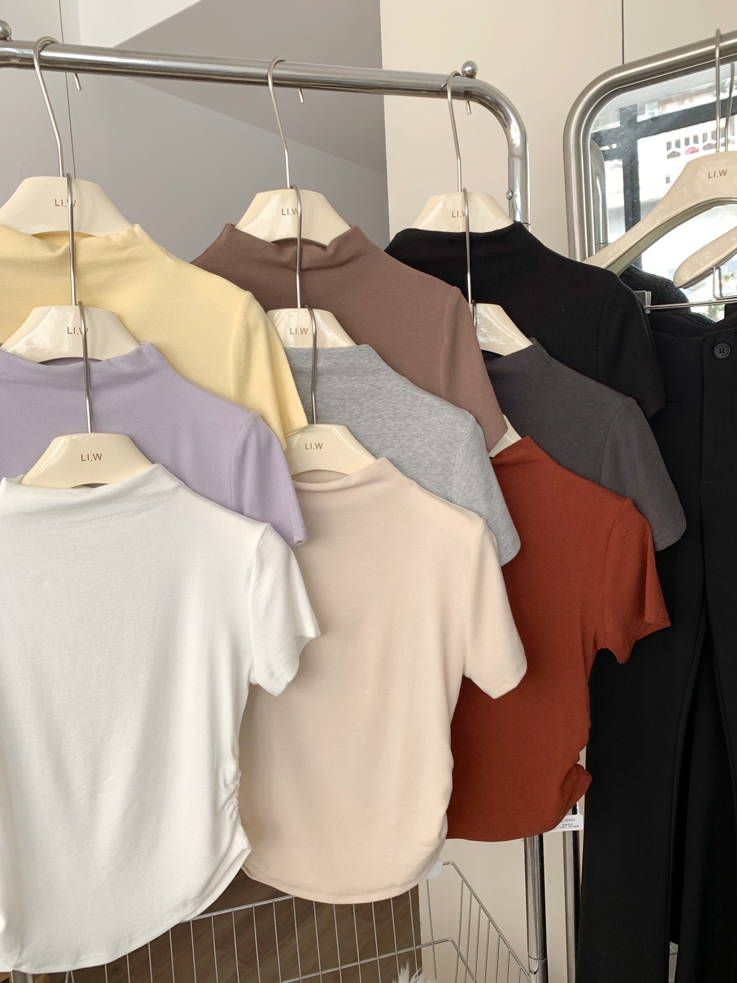 CGE5322-80B 褶皺收腰半高領短袖正肩T恤(9色)