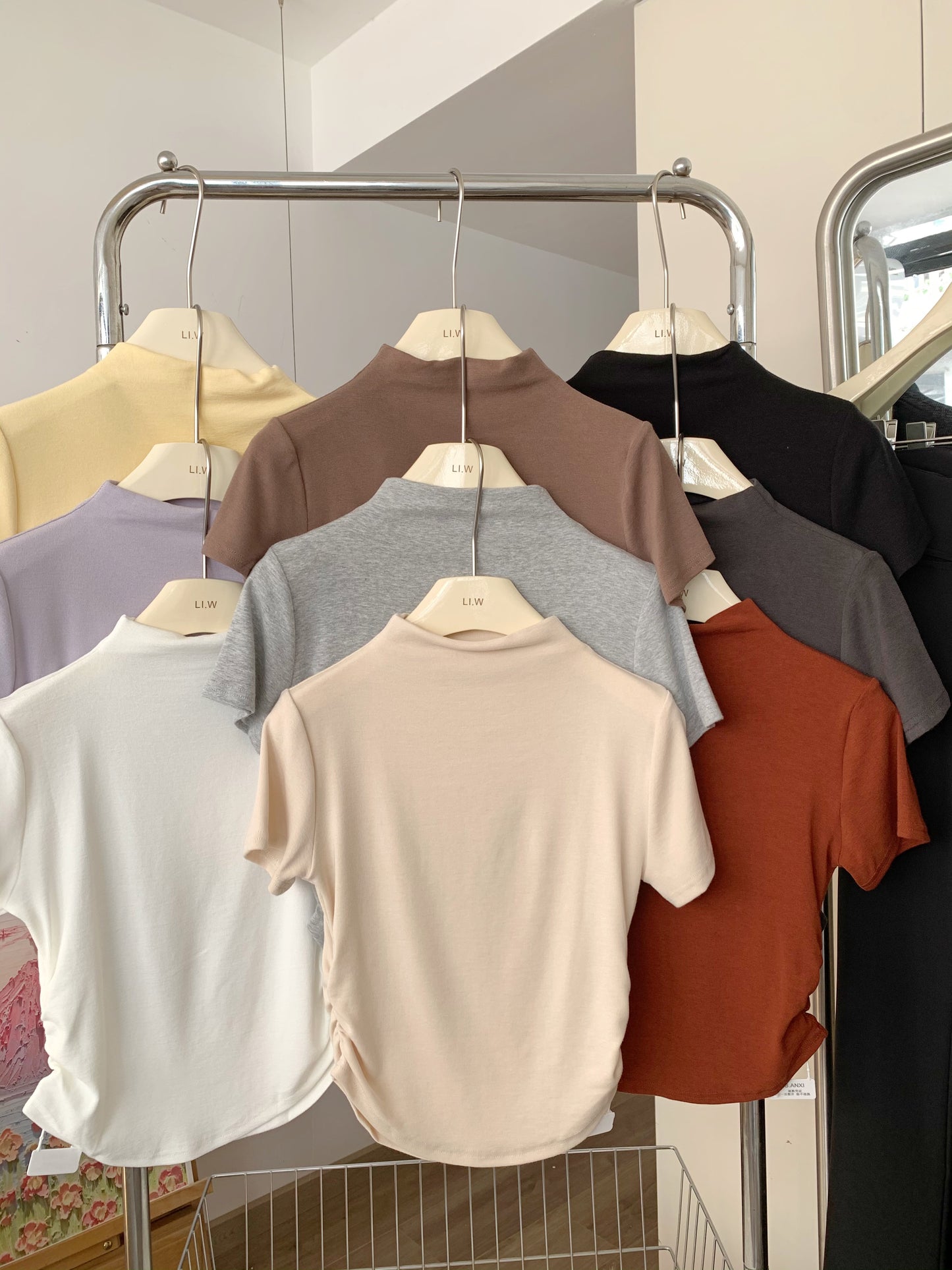 CGE5322-80B 褶皺收腰半高領短袖正肩T恤(9色)