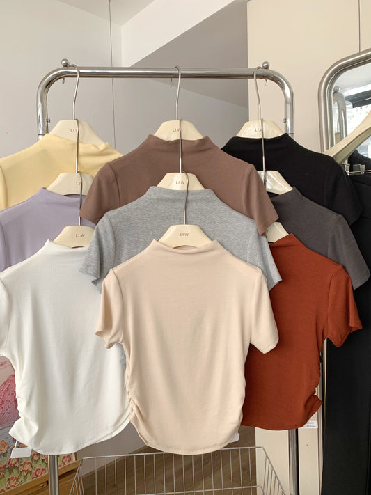 CGE5322-80B 褶皺收腰半高領短袖正肩T恤(9色)