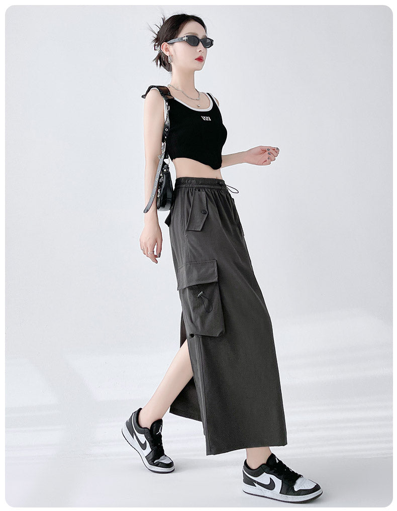 CGS2516-16B 美式復古開叉工裝裙夏季中長款(4色)