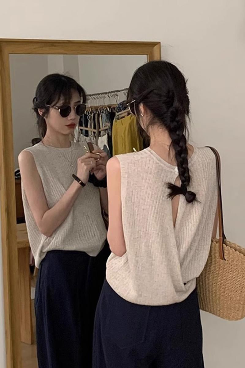 📺︎︎ CGF44506-117B 夏季杏色交叉針織衫露背無袖上衣(3色)