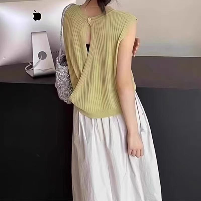 📺︎︎ CGF44506-117B 夏季杏色交叉針織衫露背無袖上衣(3色)