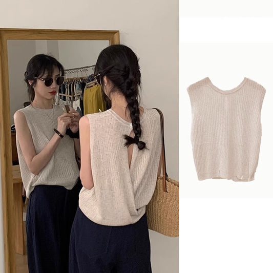 📺︎︎ CGF44506-117B 夏季杏色交叉針織衫露背無袖上衣(3色)