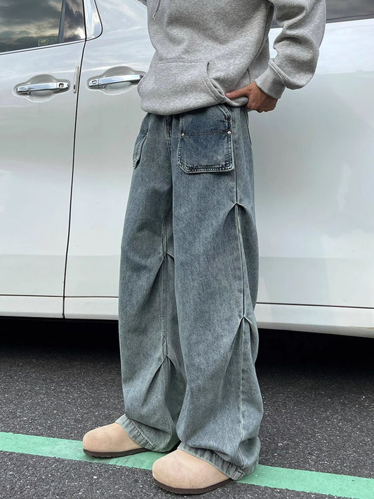 CBA8304-54B 復古闊腿夏季薄款寬鬆直筒牛仔長褲