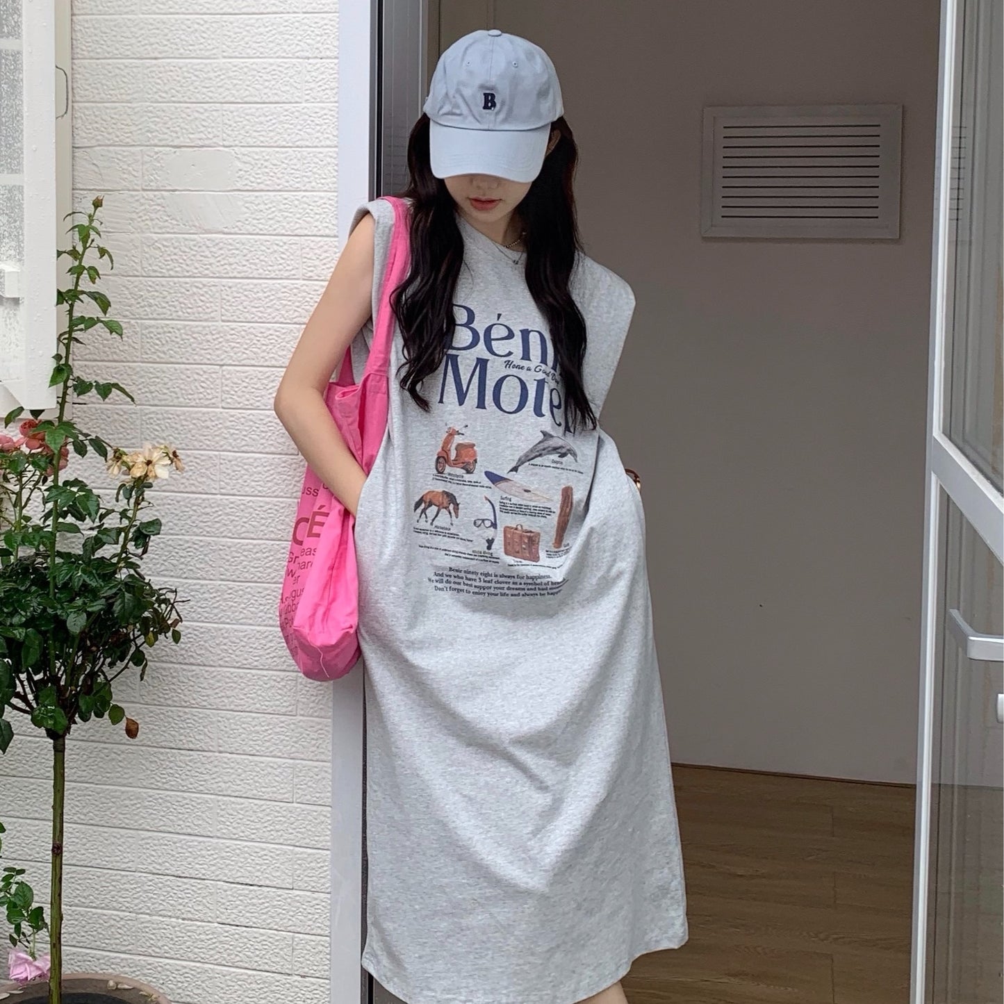 CGB5339-120B 夏日百搭超大印花無袖墊肩T恤連衣裙