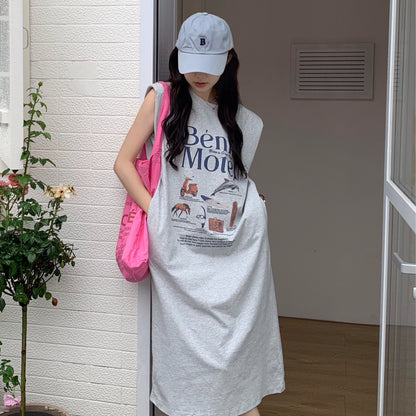 CGB5339-120B 夏日百搭超大印花無袖墊肩T恤連衣裙