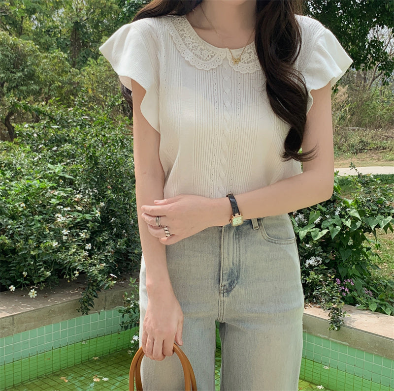 📺︎︎ CGE5314-88B 蕾絲拼接冰絲針織衫T恤(4色)