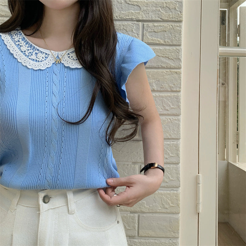 📺︎︎ CGE5314-88B 蕾絲拼接冰絲針織衫T恤(4色)