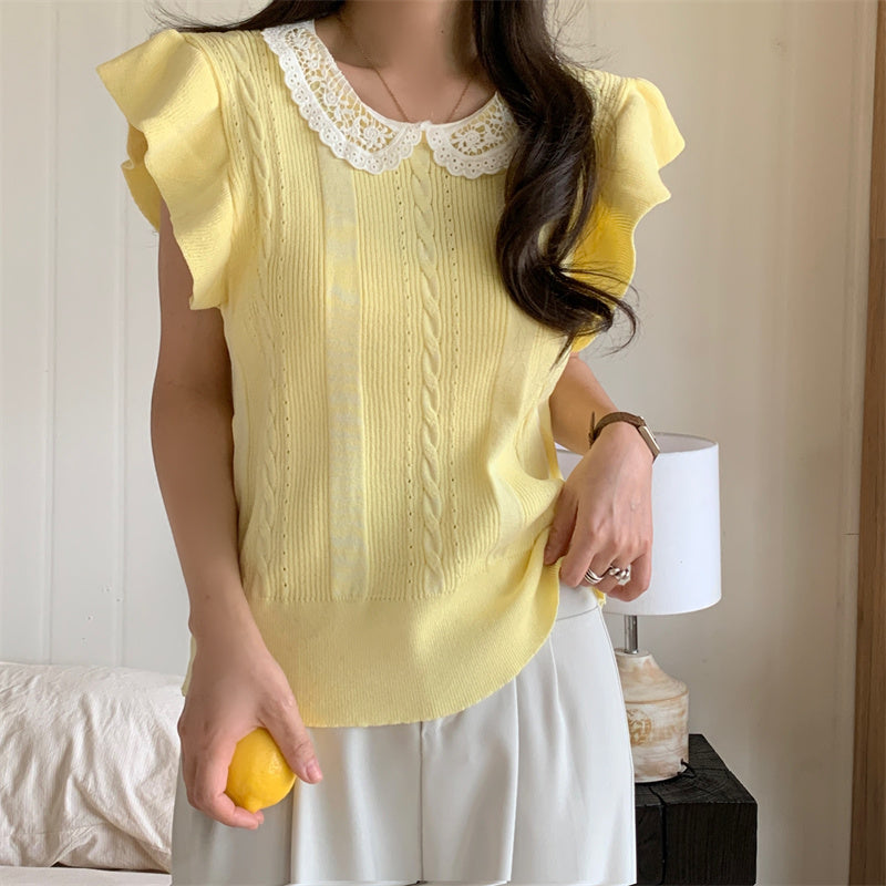 📺︎︎ CGE5314-88B 蕾絲拼接冰絲針織衫T恤(4色)