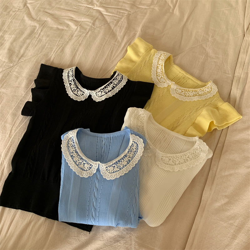 📺︎︎ CGE5314-88B 蕾絲拼接冰絲針織衫T恤(4色)