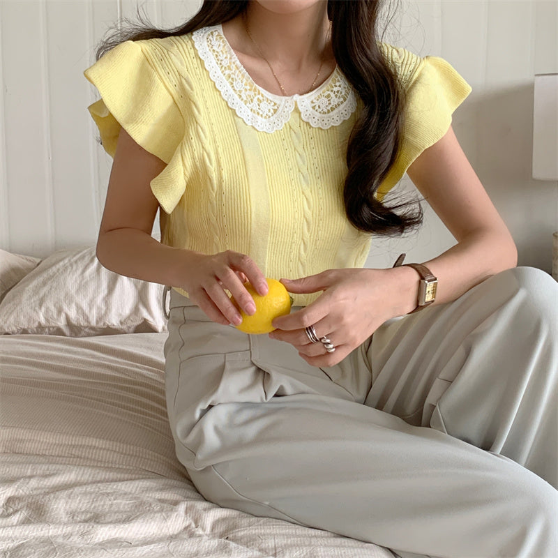 📺︎︎ CGE5314-88B 蕾絲拼接冰絲針織衫T恤(4色)